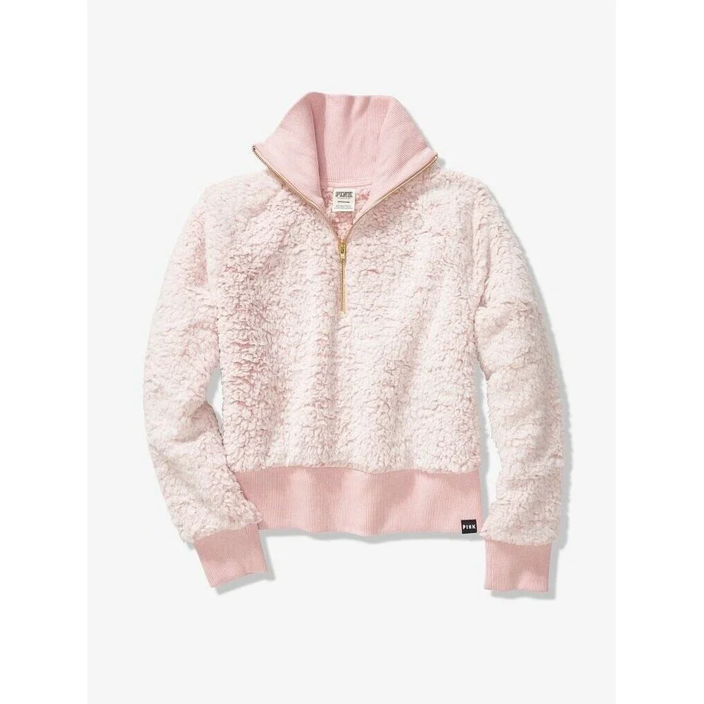 VS VICTORIAS SECRET PINK SHERPA HALF ZIP SWEATER JACKET TOP CHALK ROSE L